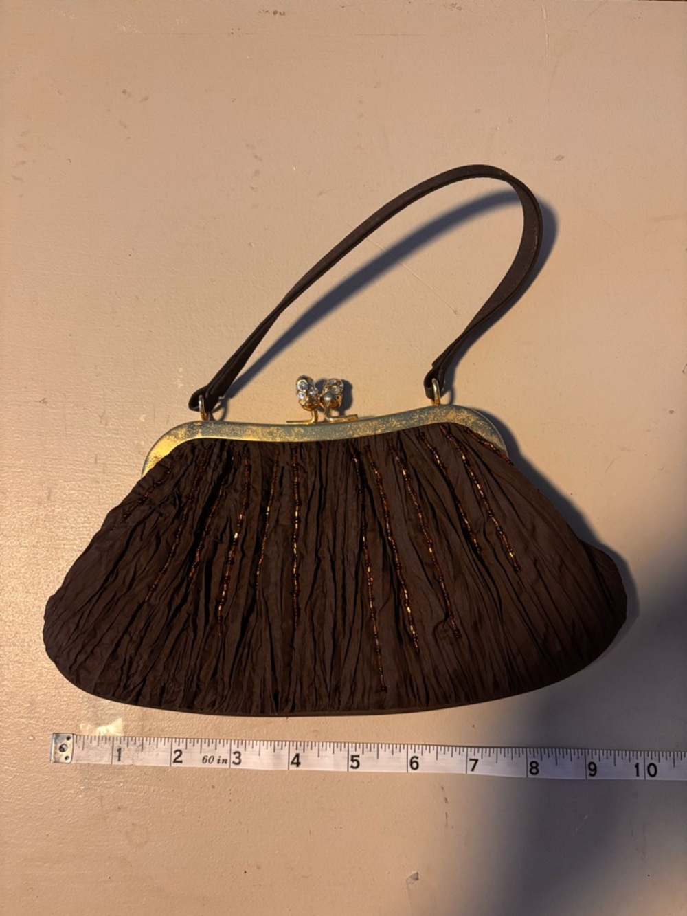 Brown Evening Clutch with Gold Frame and Beaded Detail